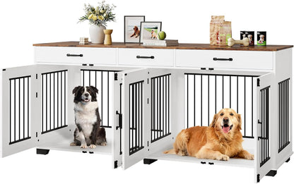 71'' Dog Crate Furniture, Wooden Indoor Dog Kennel for 2 Dogs with 3 Drawers and Removable Room Divider, XXL Double Dog Crate TV Stand End Table with Double Doors for Large Medium Dogs