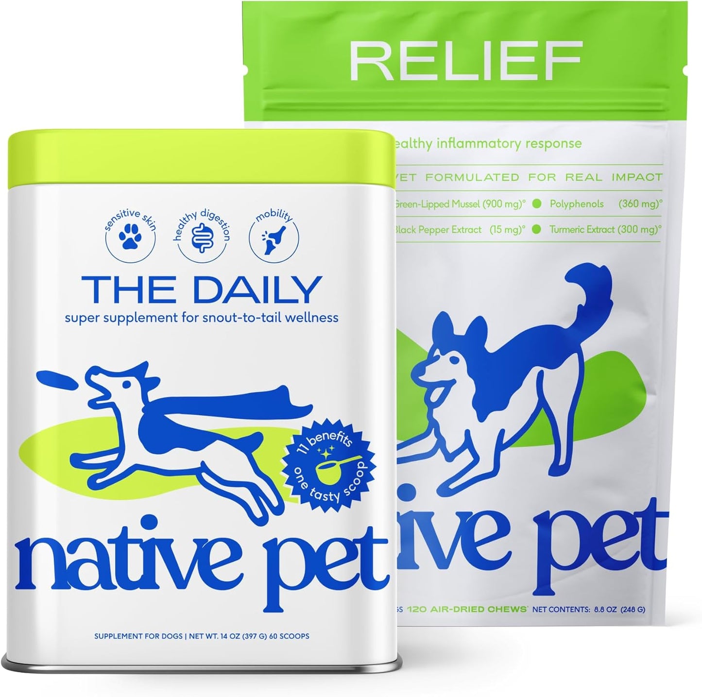 Native Pet Health & Mobility Bundle: Relief Chews for Dogs (120 Air-Dried Chews) & The Daily Dog Multivitamins (60 Scoops) Anti-Inflammatory for Strong Joints & 11-in-1 Multivitamin for Pups
