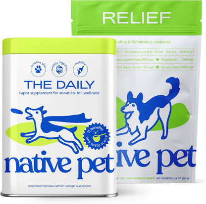 Native Pet Health & Mobility Bundle: Relief Chews for Dogs (120 Air-Dried Chews) & The Daily Dog Multivitamins (60 Scoops) Anti-Inflammatory for Strong Joints & 11-in-1 Multivitamin for Pups