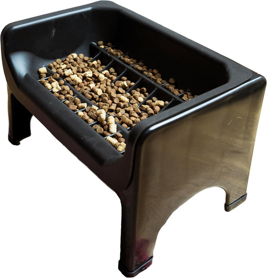 Fluff Trough XL Binge Blocker – Elevated Slow Feeder Dog Bowl with Silicone Slow Feeder Insert, Raised Dog Bowl & Food Container for Medium Large Dogs, Vet Recommended Elevated Dogs Dish (Black)