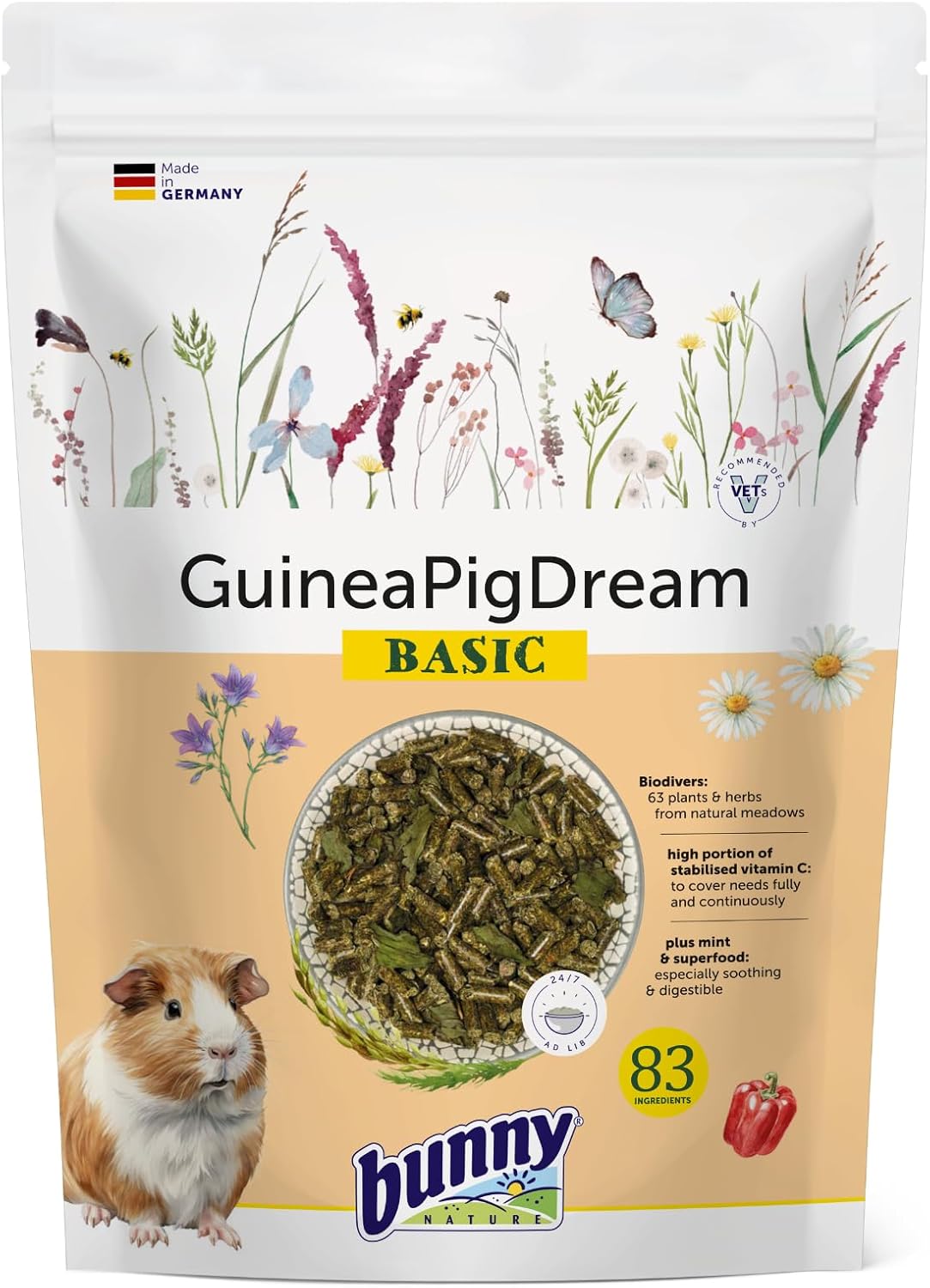 Bunny Nature Guinea Pig Food Pellets GuineaPigDream Basic, 63 Herbs, Stabilized Vitamin C, High Fiber, Grain Free, Mint & Superfoods, Digestive Health - 1.3 lbs