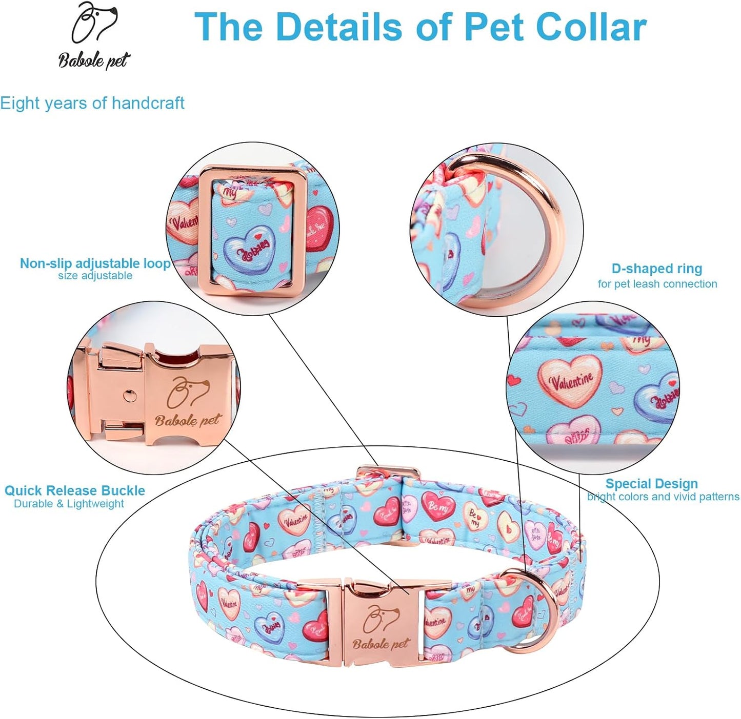 Valentines Dog Collar for Large Dogs - Cute Blue Heart Pattern Puppy Collar Sweet Valentine Adjustable Heavy Duty Pet Collar with Metal Buckle L