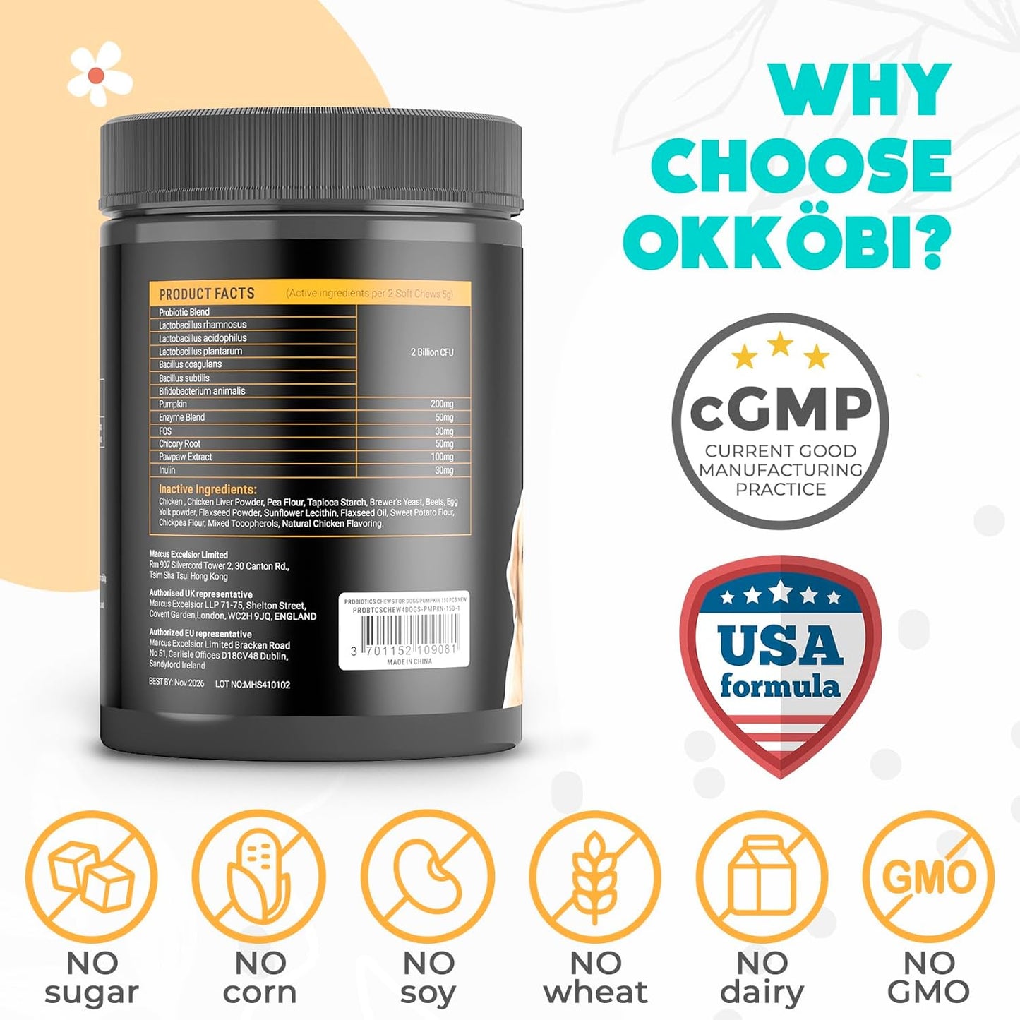 Probiotics for Dogs Chews 150PCs - Digestive, Gut Health & Diarrhea Support - Probiotic Chews for Dogs - Vet Approved US Formula with Dog Probiotics, Enzymes & Natural Ingredients - Pumpkin