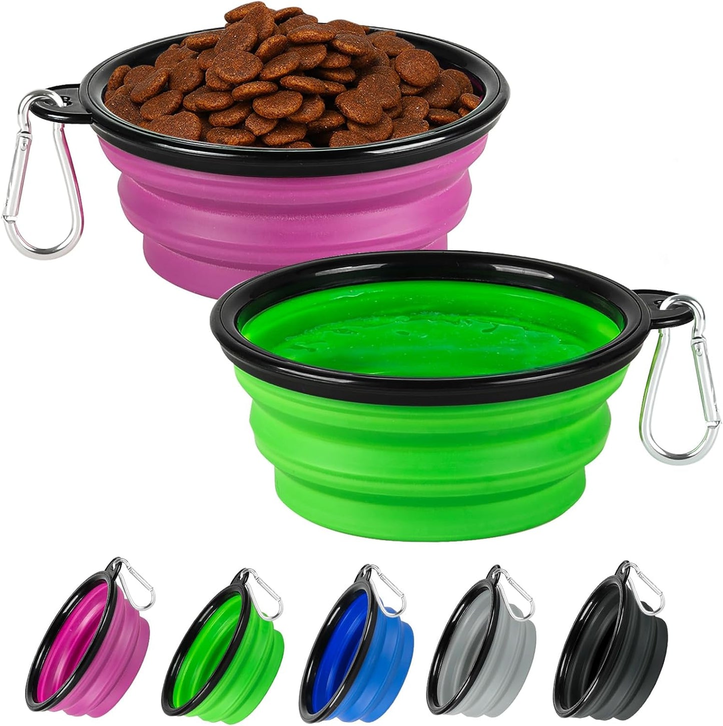 Collapsible Dog Bowl 2 Pack, Dog Water Bowls for Travels, Portable Foldable Pet Bowls Feeding Watering Dish for Parking Walking Camping with 2 Carabiners Clip (12oz, Small, Green+Purple)