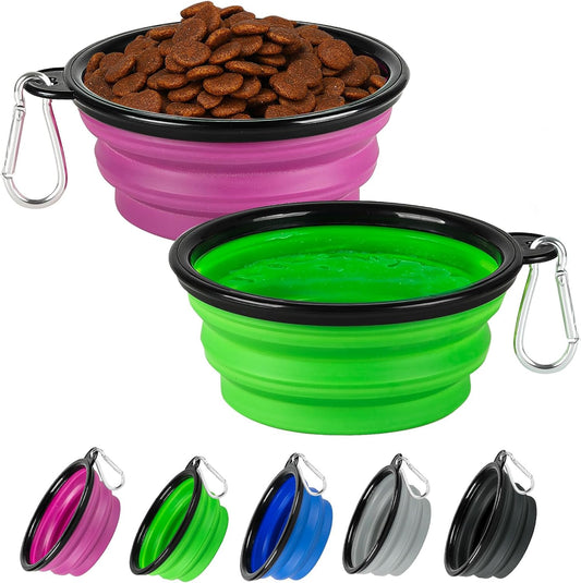 Collapsible Dog Bowl 2 Pack, Dog Water Bowls for Travels, Portable Foldable Pet Bowls Feeding Watering Dish for Parking Walking Camping with 2 Carabiners Clip (12oz, Small, Green+Purple)