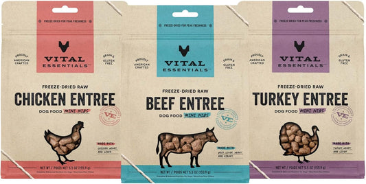 Vital Essentials Freeze Dried Raw Dog Food Variety Pack, Complete & Balanced Whole Animal Protein, Beef & Chicken & Turkey Mini Nibs 5.5 oz
