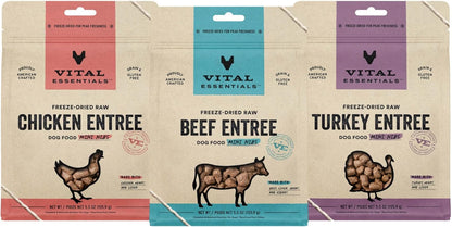 Vital Essentials Freeze Dried Raw Dog Food Variety Pack, Complete & Balanced Whole Animal Protein, Beef & Chicken & Turkey Mini Nibs 5.5 oz
