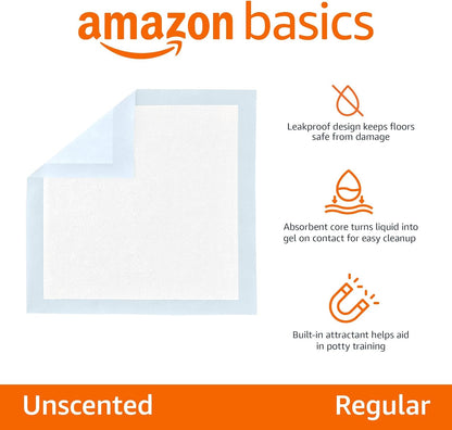 Amazon Basics Dog and Puppy Pee Pads, 5-Layer Leak-Proof Super Absorbent, Quick-Dry Surface, Potty Training, Regular (22x22"), 100 Count, Blue & White