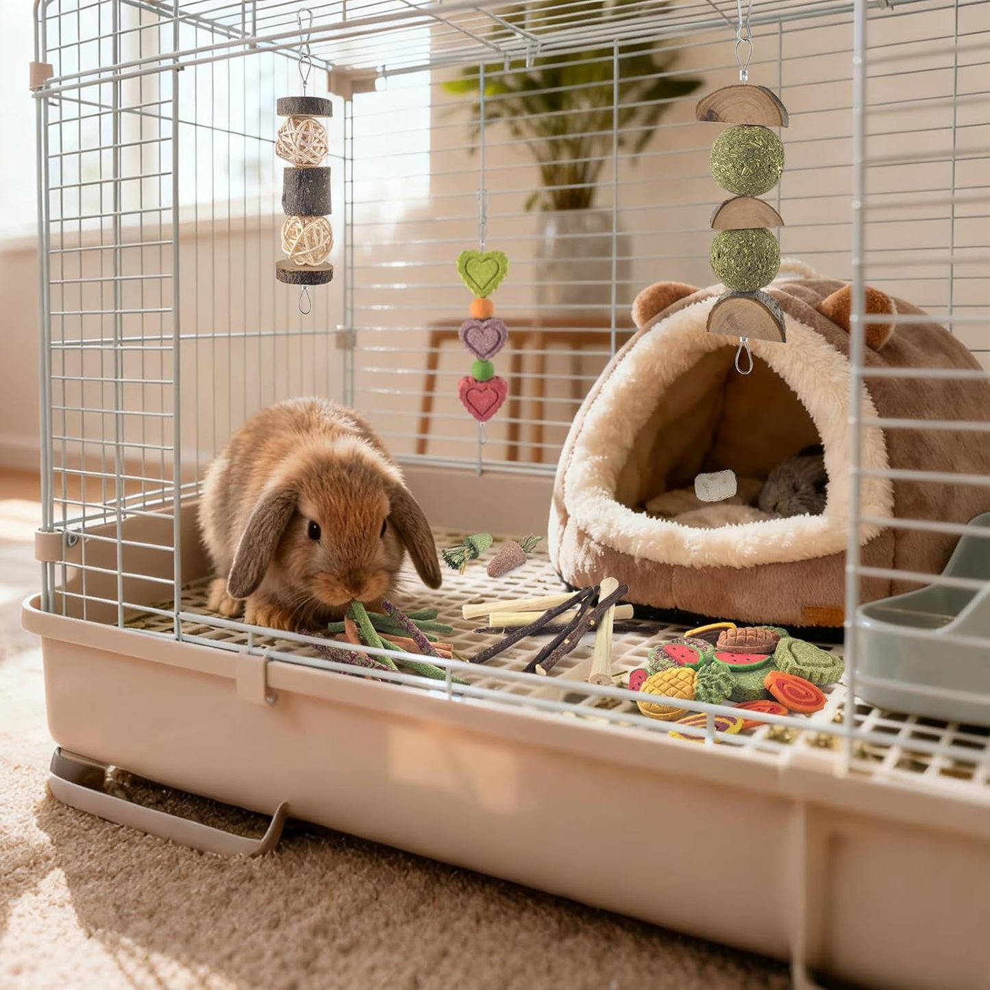 KATUMO 38 PCS Rabbit Chew Toys with 3 Types of Strung Hanging Toys, Natural Bunny Teeth Care Chew Kit Apple Wood Sweet Bamboo Grass Timothy Sticks for Guinea Pig, Hamster, Chinchilla, Small Animals