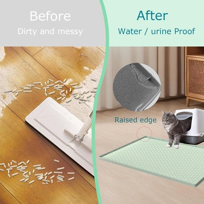 Cat Litter Mat for Litter Box, Silicone Large Cat Litter Trapping Mat - 28x19 in, Waterproof & Non-Slip, Durable & Easy Clean, Green