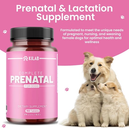 Kilab Complete Prenatal Vitamins for Dogs –150 Tablets with Iron, Choline, Zinc, DHA & Probiotics - Supports Healthy Development & Wellness for Pregnant, Nursing, & Weaning Females