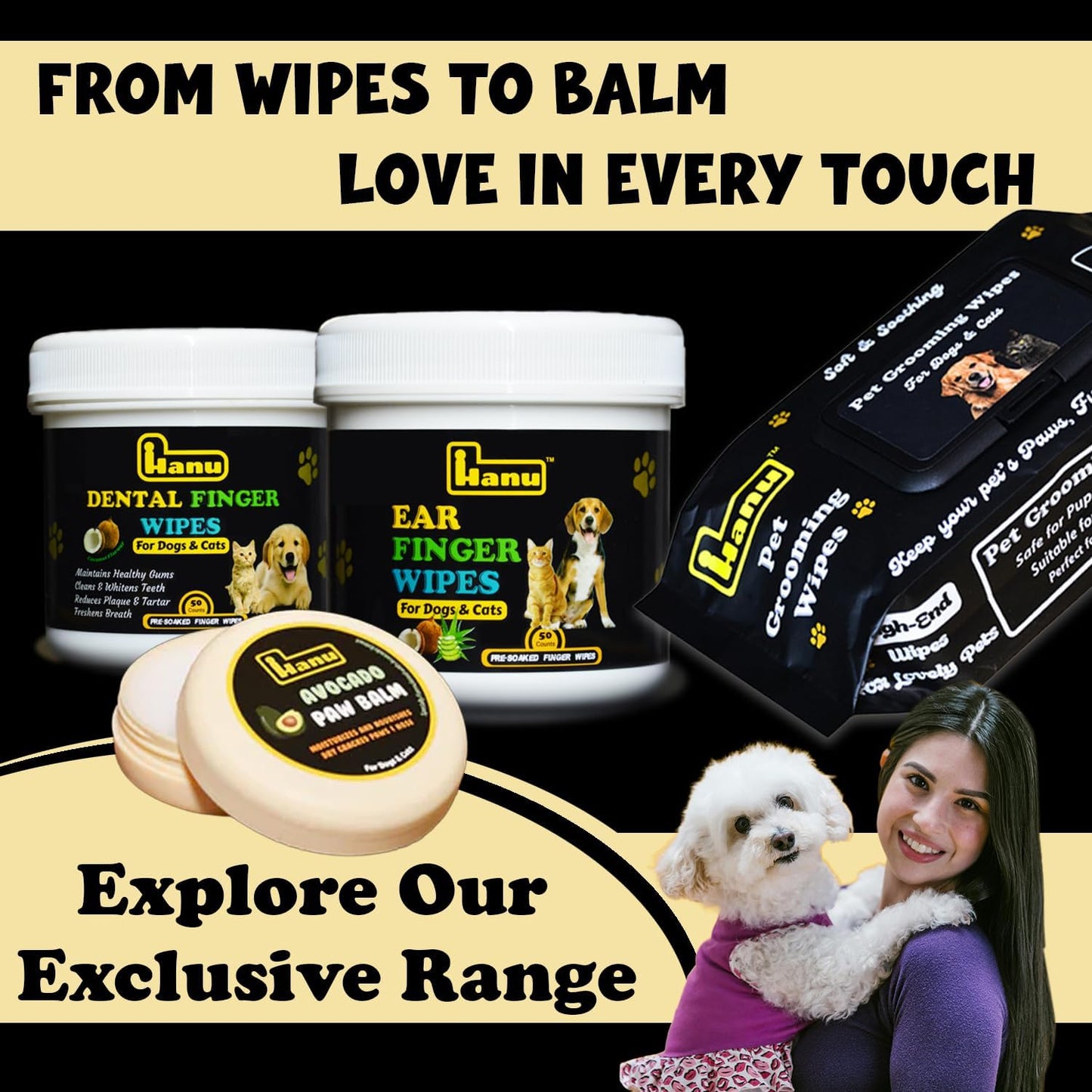 Hanu Pet Wipes for Dogs and Cats, Hypoallergenic, Cleans Tear Stains, Itching Relief, for face,Paws, Body and Butt, Peach Oolong