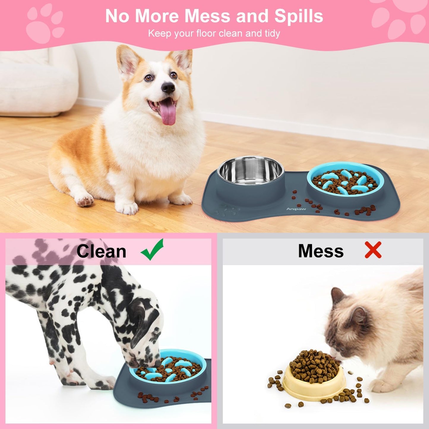 Slow Feeder Dog Bowls 3 in 1 Stainless Steel Dog Food and Water Bowls with Non-Spill and Non-Skid Silicone Mat to Slow Down Eating for Large Medium Small Breed Size Dogs and Cats