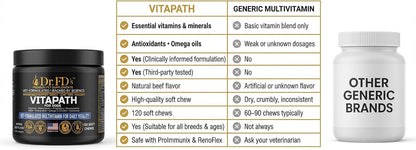 Dr. FD’s VitaPath – Daily Multivitamin for Dogs | Vitamins, Antioxidants & Omegas for Skin, Coat, Immune & Metabolic Health | Natural Beef Flavor | 120 Soft Chews