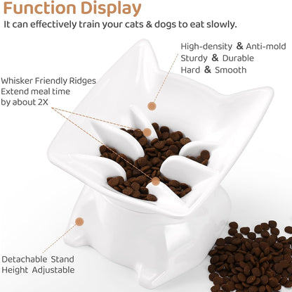 Small Elevated Slow Feeder Cat Bowl,Cute Tilted Detachable Cat Slow Feeder Food Bowls,Anti Vomiting Raised Pet Bowl for Dry and Wet Food,Whisker Friendly,Suitable for Cats & Small Dogs,White