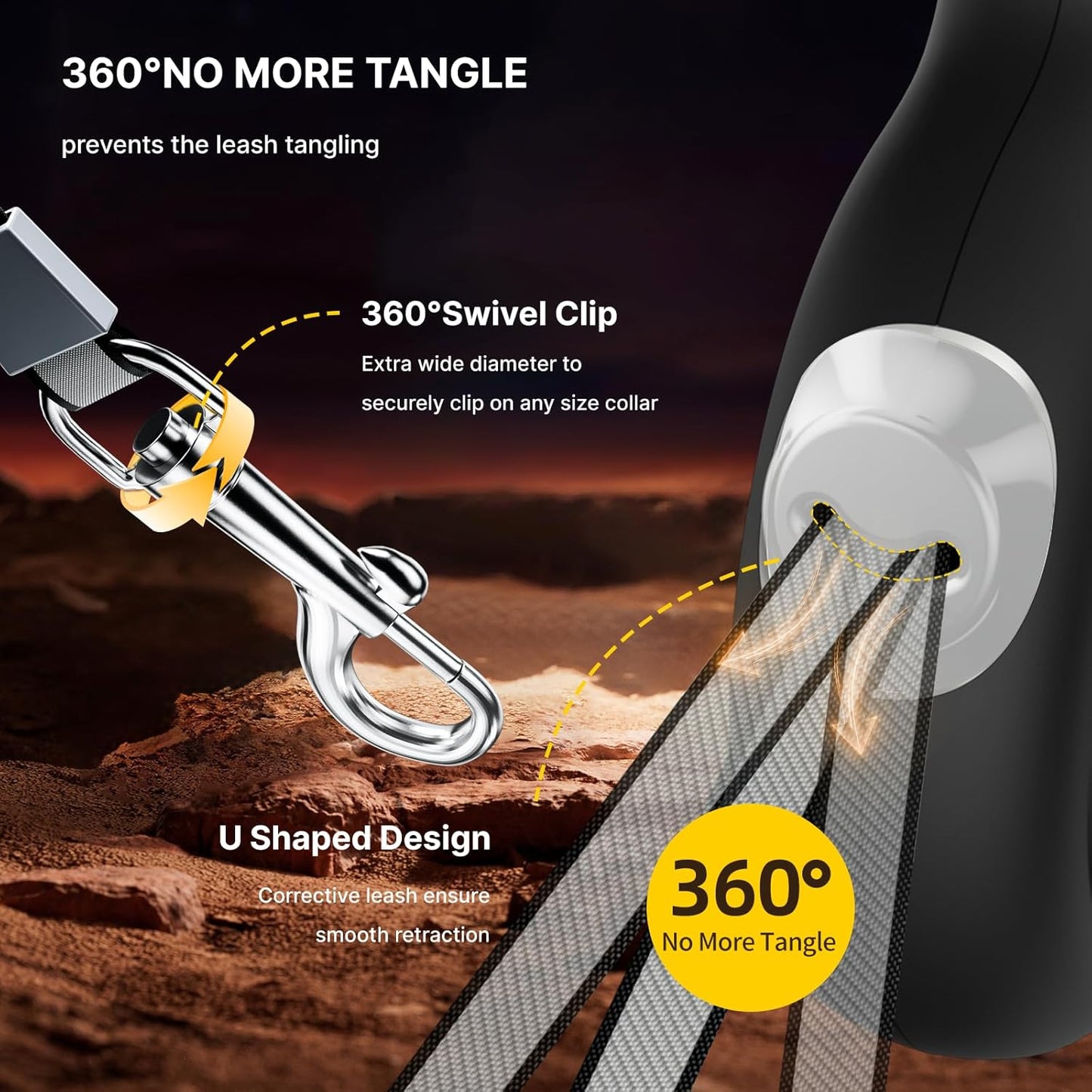 AutoBrake Retractable Dog Leash for Medium and Large Dogs, 360° Tangle-Free Dog Leash and 16Ft Strong Nylon Tape, Ergonomically Comfortable and Lightweight Grip Handle (Black)