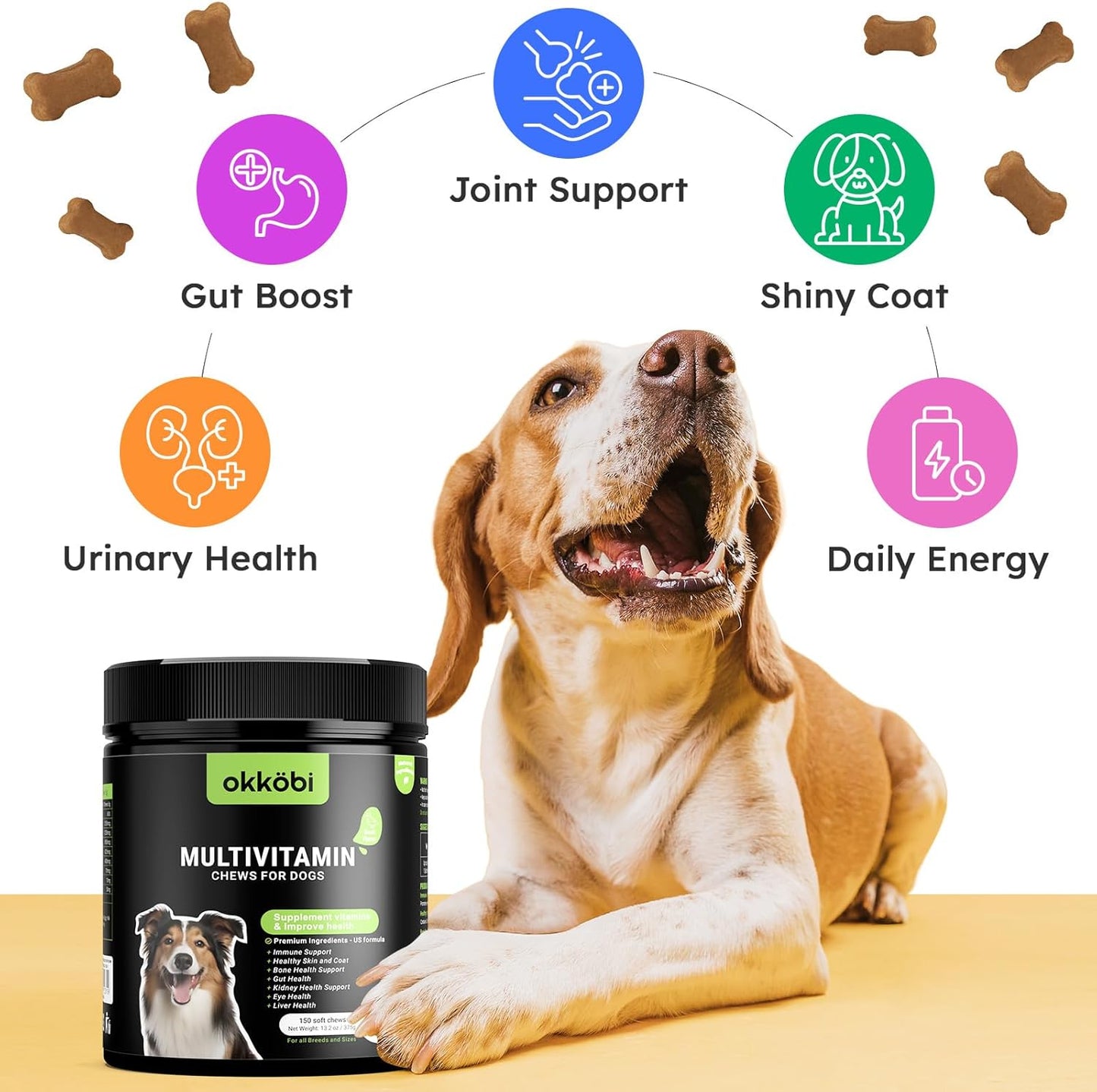 Dog Vitamins and Supplements - 150 Dog Multivitamin Chewable - Immune, Joint Support, Skin, Gut Health + Packed with Omega 3s, Glucosamine & Probiotics - Safe for Puppy - Chicken