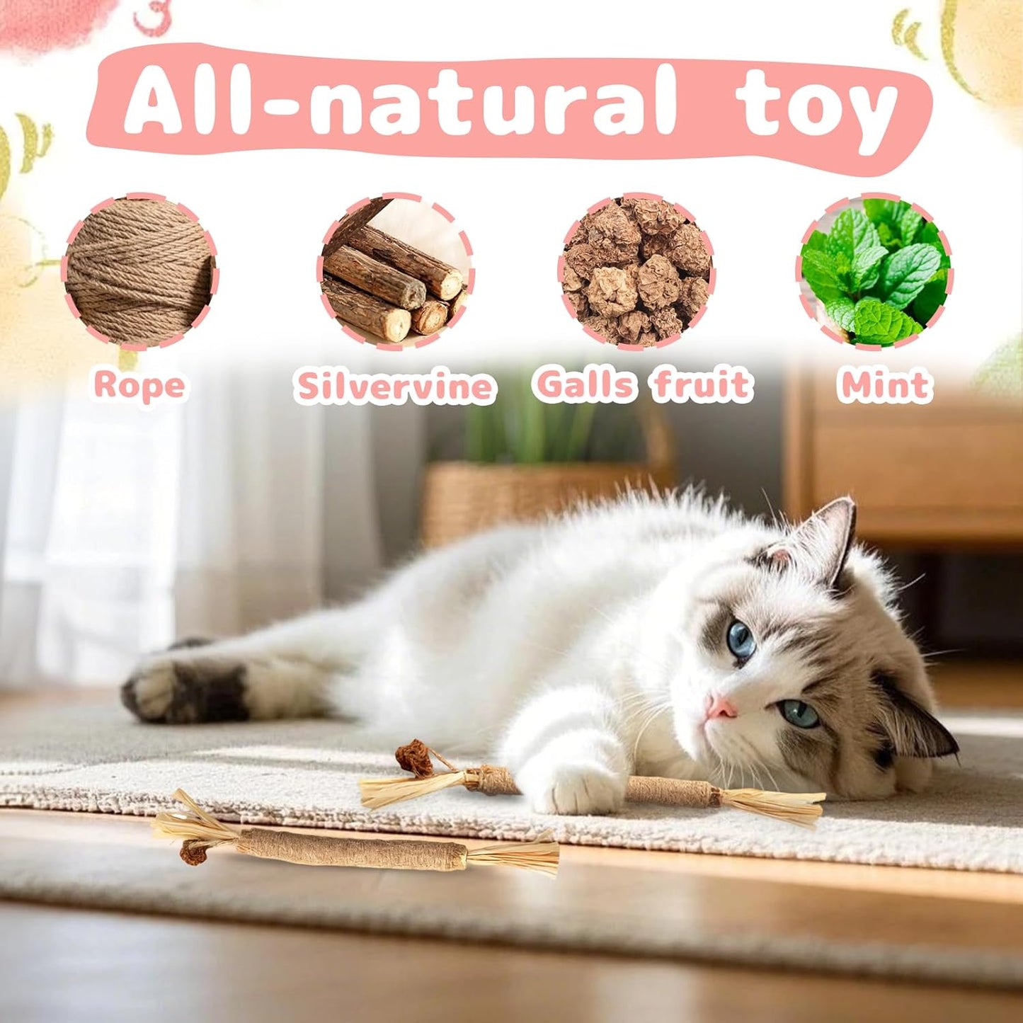 6-Pack Catnip Toy - 3 Silvervine Chew Sticks for Cats, 2 Cat Mice Toy and 1 Fish - Catnip Toys for Indoor Cats Kitty Teeth Grinding Chew Interactive