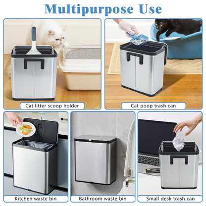kathson Stainless Steel Cat Litter Scoop Holder, Universal Scooper Storage Caddy, Deep Kitty Litter Trash Can with Lid, Metal Pet Waste Container, Detachable Cat Shovel Holder