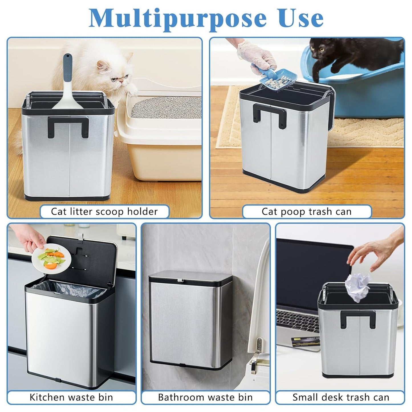 kathson Stainless Steel Cat Litter Scoop Holder, Universal Scooper Storage Caddy, Deep Kitty Litter Trash Can with Lid, Metal Pet Waste Container, Detachable Cat Shovel Holder