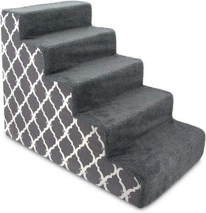 Best Pet Supplies Dog Stairs for Small Dogs & Cats, Foam Pet Steps Portable Ramp for Couch Sofa and High Bed Non-Slip Balanced Indoor Step Support, Paw Safe No Assembly - Gray Lattice Print, 5-Step