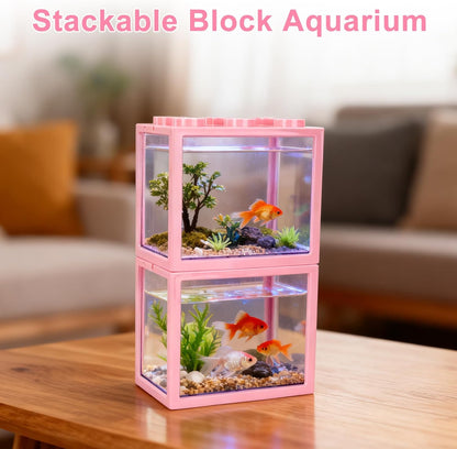 JIABEIUS 2 PCS Small Betta Fish Tank, 0.6 Gallon Mini Aquarium Tank, Pink Cube Fish Bowl, Desktop Stackable Tank for Small Fish, Insect, Shrimp, Turtle, Spider
