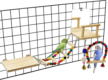 BNOSDM 6in1 Bird Perch Platform Swing Wooden Parakeet Toys with Mirror Playground Climbing Ladder Bird Cage Accessories for Parrot, Budgies, Conures, Finch, Cockatiels, Lovebirds