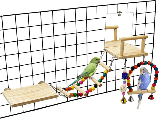 BNOSDM 6in1 Bird Perch Platform Swing Wooden Parakeet Toys with Mirror Playground Climbing Ladder Bird Cage Accessories for Parrot, Budgies, Conures, Finch, Cockatiels, Lovebirds