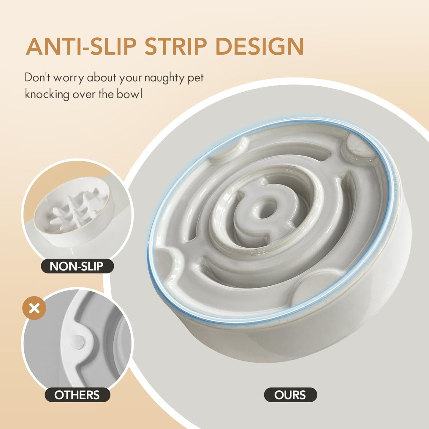 Ceramic 0.9 Cup Raised Slow Feeder Dog Food and Water Bowl Set, Elevated 6.1inch Bowl and 6.1inch Dish with Acacia Wood Stand for Small Dogs (2 x Reactived Glaze -White+ Stand)