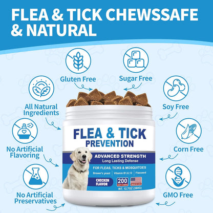 Flea and Tick Prevention for Dogs Chewables 200 Soft Treats - Flea and Tick Chews Supplement, Vet Recommended Supplement Chews, Skin & Coat Support for Dogs, Puppies, All Breeds & Sizes