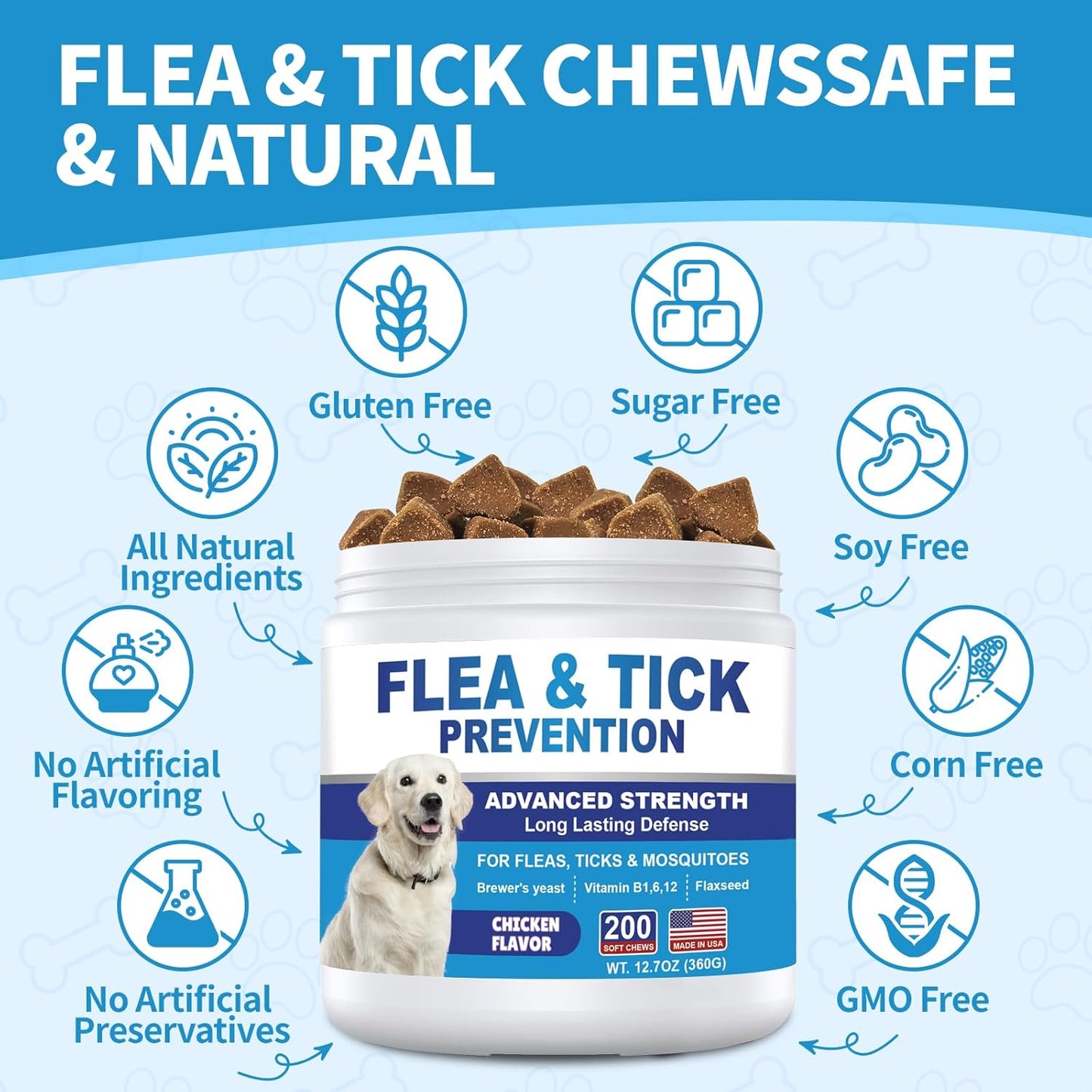 Flea and Tick Prevention for Dogs Chewables 200 Soft Treats - Flea and Tick Chews Supplement, Vet Recommended Supplement Chews, Skin & Coat Support for Dogs, Puppies, All Breeds & Sizes