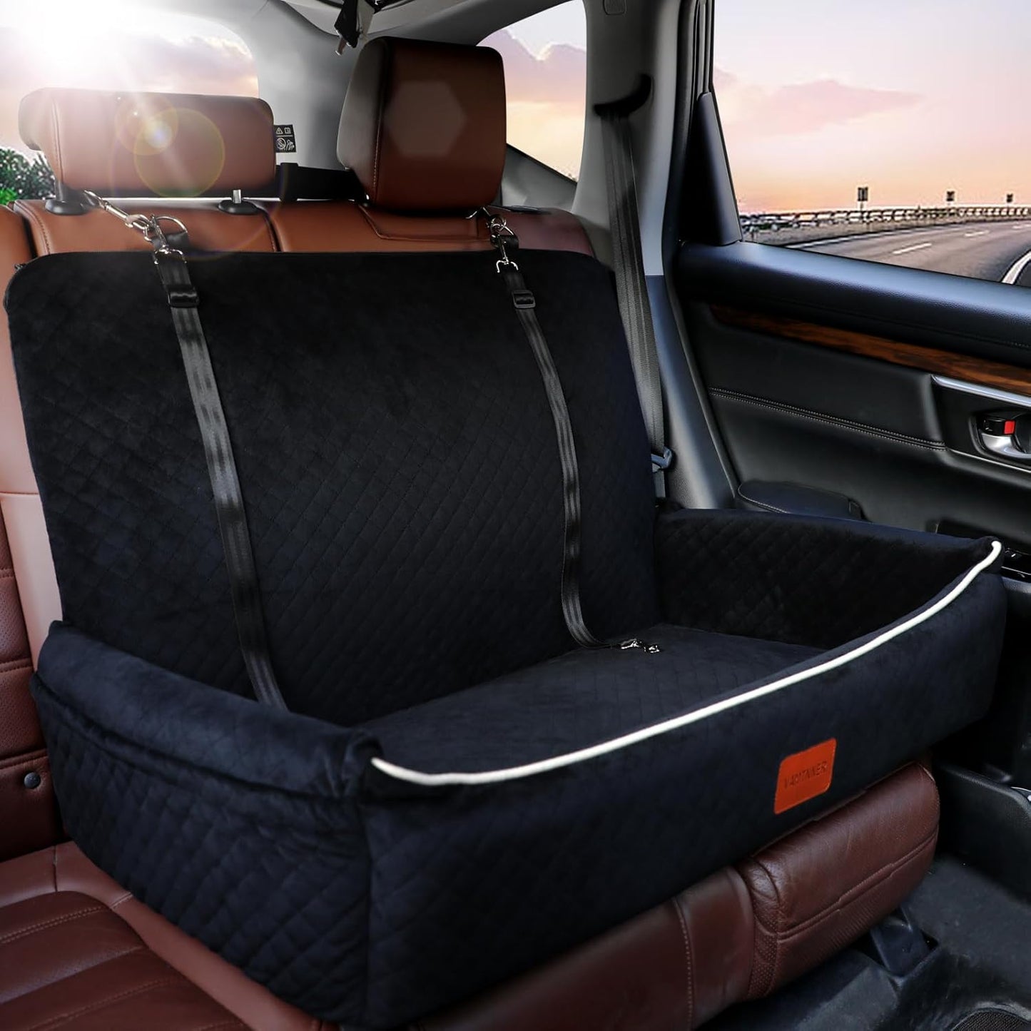 Large Dog Car Seat Under 60 lbs or 2 Small Dogs,Dog Bed for Car Back Seat with Seat Belt Fixation,The Seat Fabric Soft and Comfortable,Size is 31.5in x 20in x 21.5in,Removable and Washable.(Black)