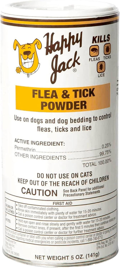 Happy Jack Flea and Tick Powder for Dogs & Puppies, Flea Powder for Flea Treatment & Control, Kills Pests, Ticks & Lice, Odorless & Non-Staining, Dust on Sleeping Quarters & Dogs (5 oz)