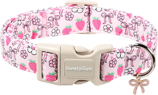 Lionet Paws Spring Dog Collar- Cute Strawberry Pink Dogs Collar with Plastic Buckle and Bowtie Pendant,Dog Collar for Medium Large Dogs