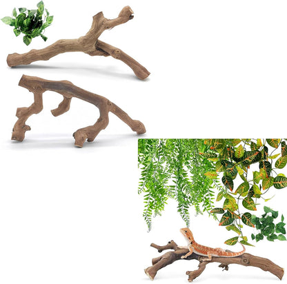 VCEPJH Snake Climbing Branch, 2Pcs Reptile Wood Natural Cork Log and 4 Pcs Reptile Plants, Climbing Wood Branch Terrarium Hanging Fake Plant Leaves for Snake Leopard Gecko Lizard Chameleon