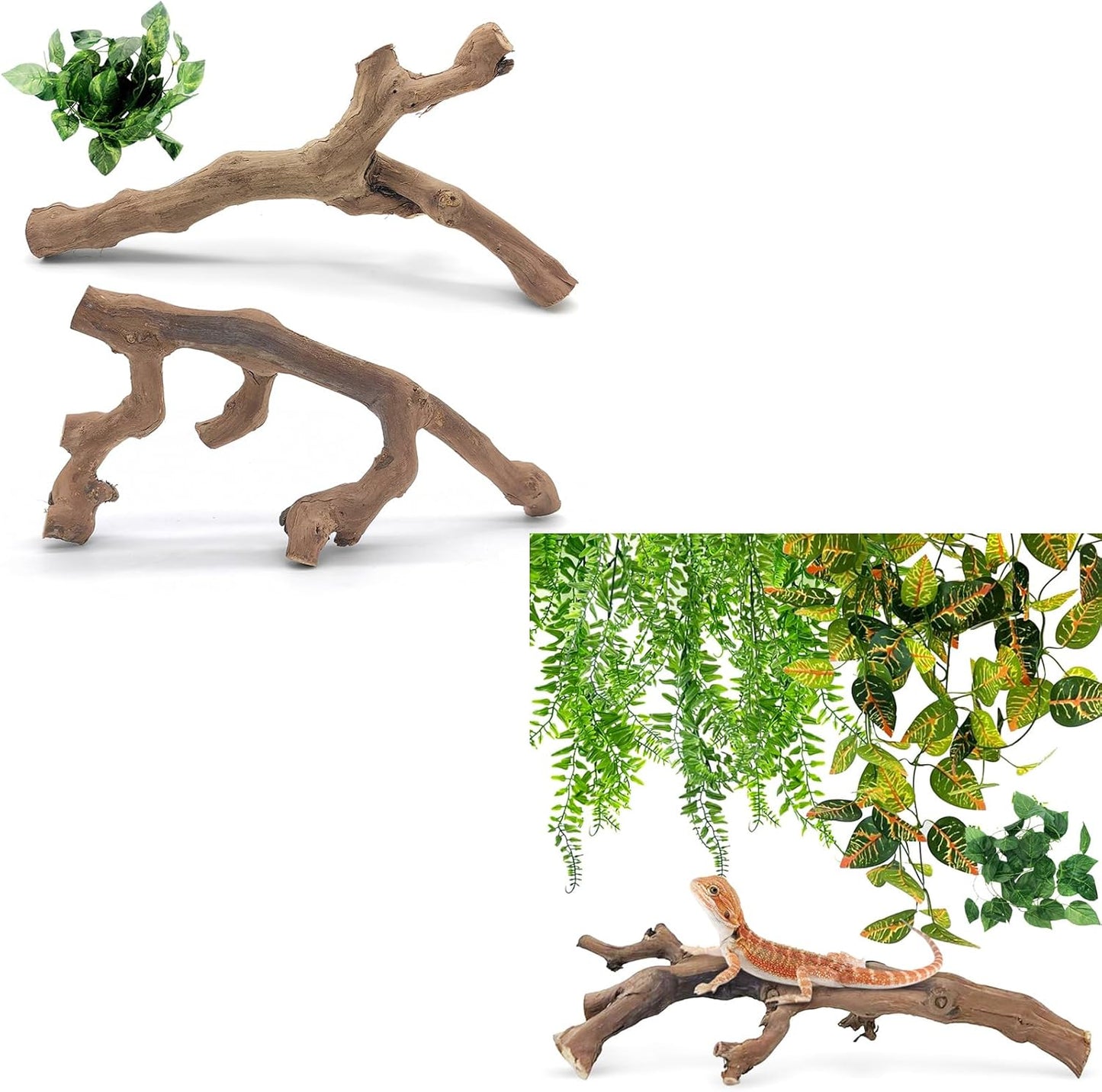 VCEPJH Snake Climbing Branch, 2Pcs Reptile Wood Natural Cork Log and 4 Pcs Reptile Plants, Climbing Wood Branch Terrarium Hanging Fake Plant Leaves for Snake Leopard Gecko Lizard Chameleon