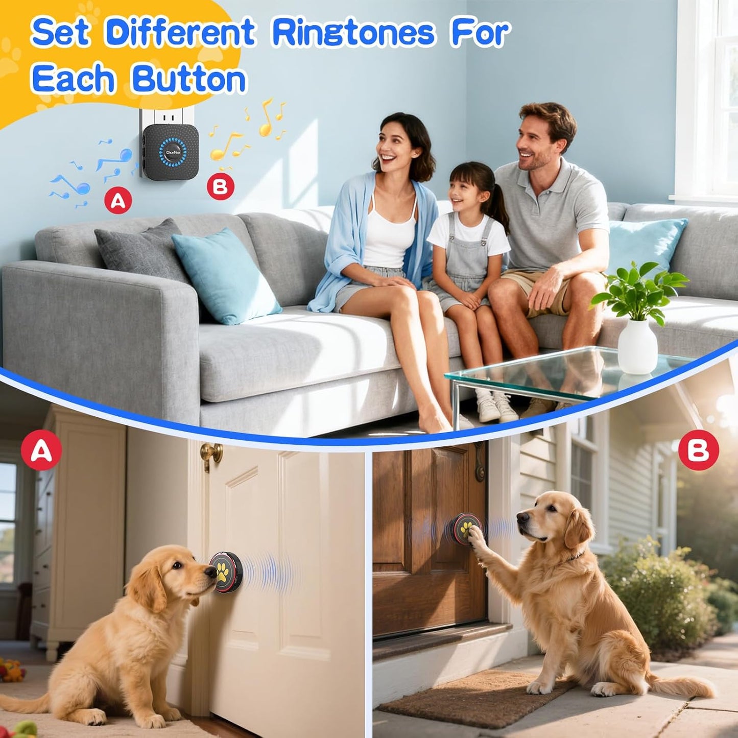 ChunHee Dog Door Bell for Potty Training – Wireless Doggie Doorbell to Go Outside, 1.6in Touch Surface, Easy for Puppy & Adult Dogs, IP55 Waterproof, 500FT Range, 55 Ringtones, Adjustable Volume