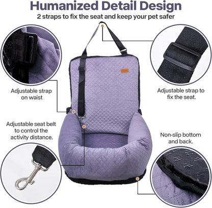 Dog Car Seat for Small Medium Dogs Up to 40lbs, Detachable Washable Soft Pet Booster Travel Bed for Front & Purple Seat with Safety Leash Belt