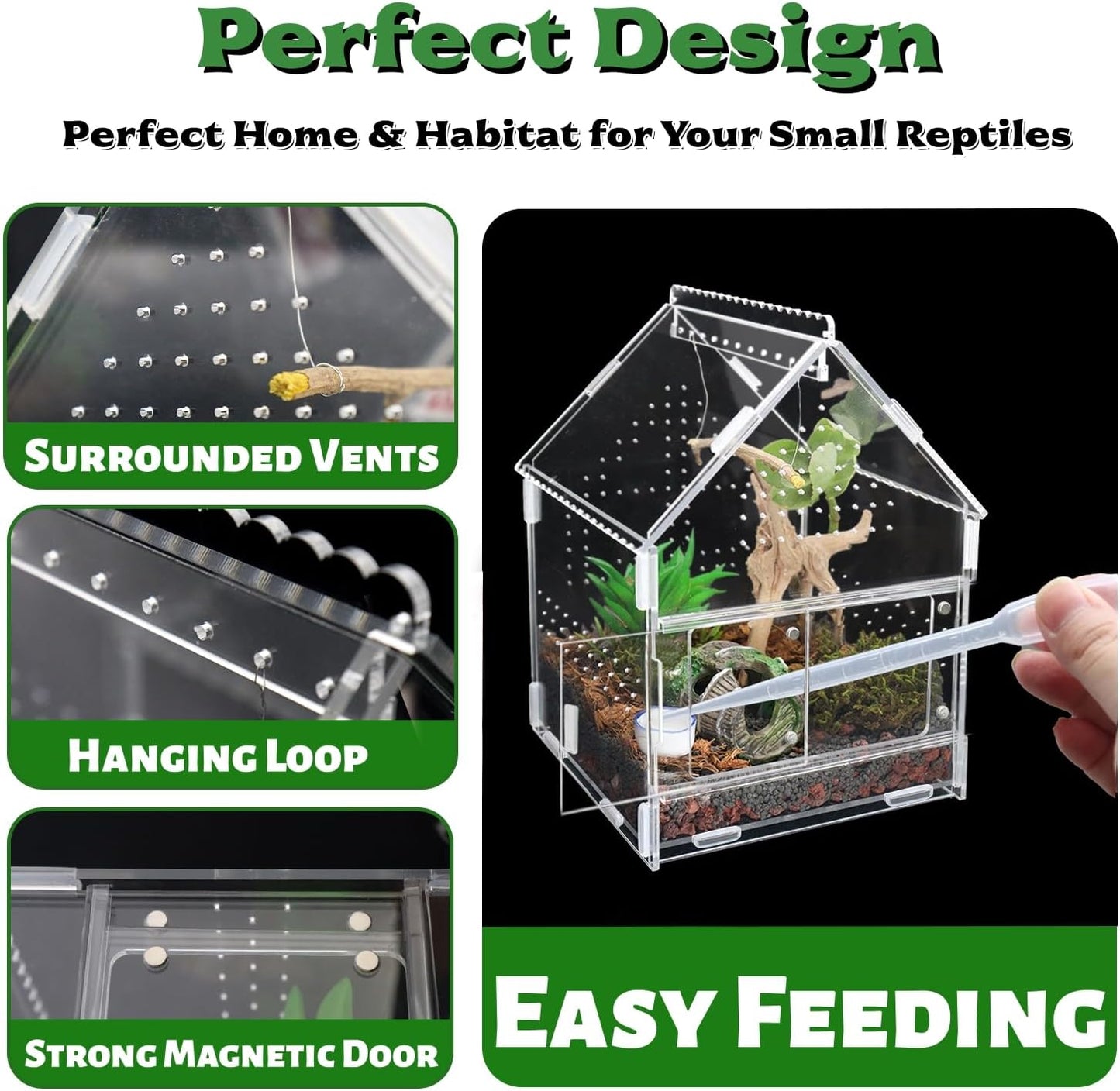 Acrylic Jumping Spider Enclosure with Magnetic Front Door - 360° View Reptile Terrarium for Tarantulas, Insects Hermit Crab - Includes Hanging Beam & Escape-Proof Ventilation (7.87x5.9x5.9 Inch)