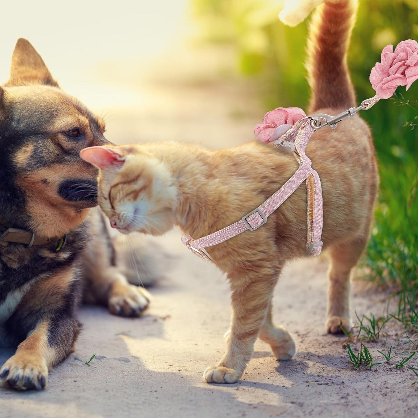 ERINGOGO Cat Harness and Leash Adjustable Cotton Linen Traction Rope 1.0Cm Light Pink Breathable Outdoor Walking Strap for Cats and Kittens