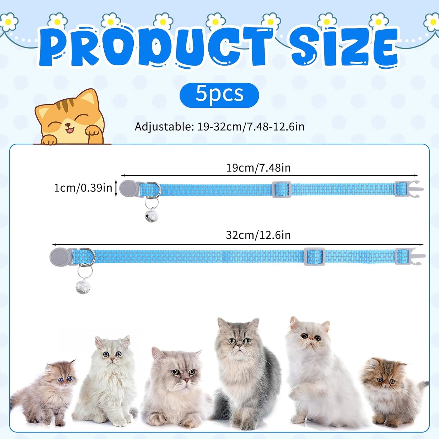 5 PCS Reflective Breakaway Cat Collars with Bells, Adjustable Breakaway Kitten Collars Colorful Soft Safety Buckle Cat Collar Girl Boy Pet Cats Collar, SafetyCollar for Pet Supplies Stuff Accessories