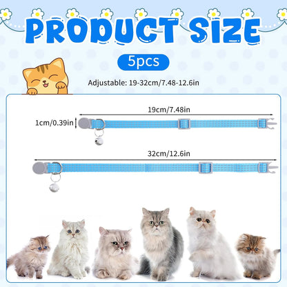 5 PCS Reflective Breakaway Cat Collars with Bells, Adjustable Breakaway Kitten Collars Colorful Soft Safety Buckle Cat Collar Girl Boy Pet Cats Collar, SafetyCollar for Pet Supplies Stuff Accessories