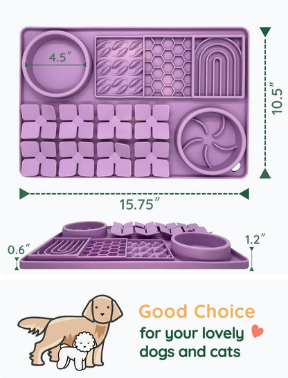 Slow Feeder Bowl Bundle: Purple 4in1 Licking mat (15.75" x 10.5" x 1.2") + Light Blue Starry Sky Feeder (5.3" x 3.7"), Silicone Lick mat with Suction Cups for Slow Eating and Keep Busy