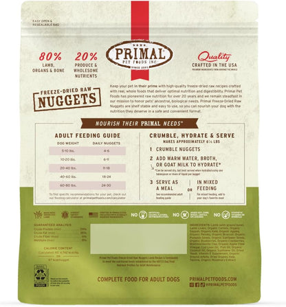 Primal Freeze Dried Raw Dog Food Nuggets, Lamb, Complete & Balanced Meal, Also Use as Topper or Treat, Premium, Healthy, Grain Free, High Protein Raw Dog Food, 30 oz