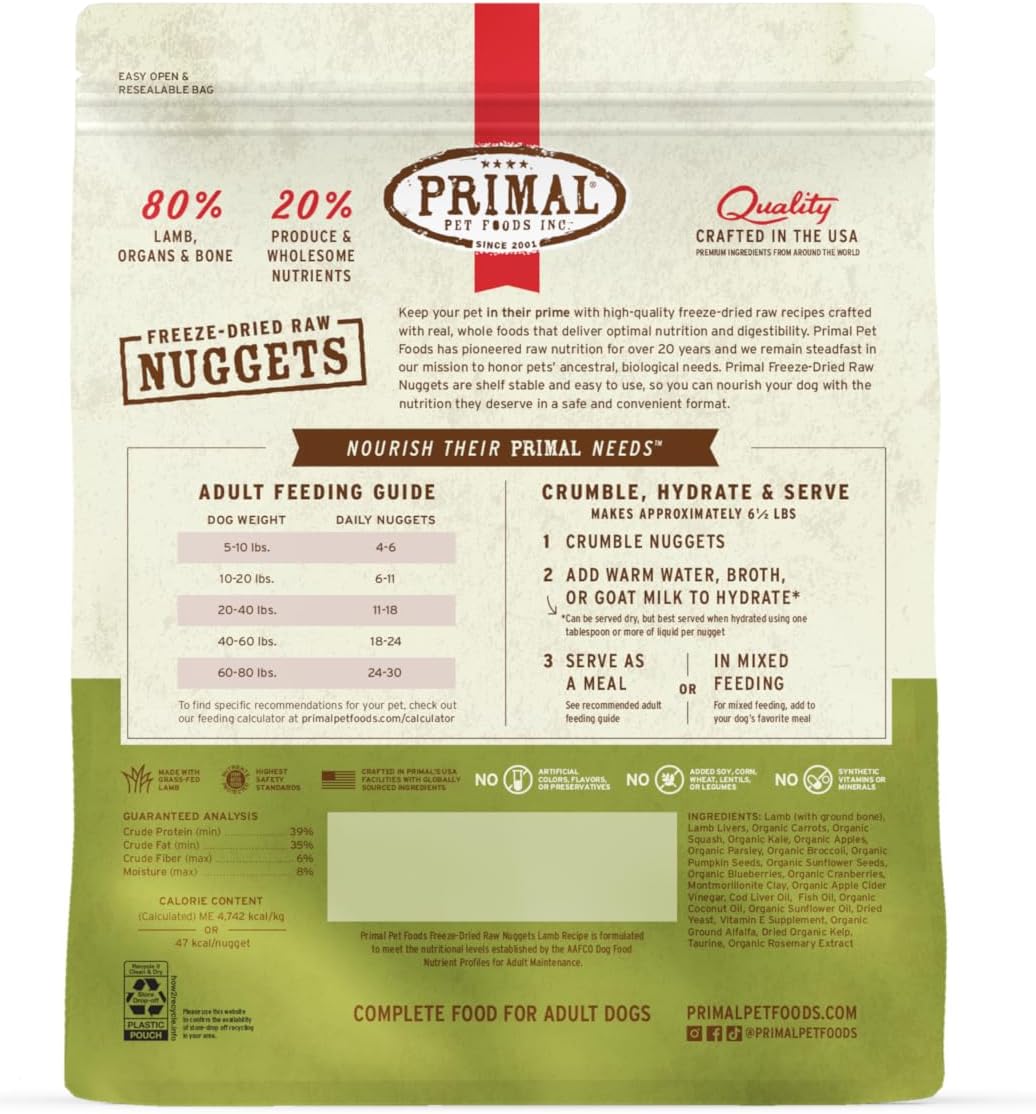 Primal Freeze Dried Raw Dog Food Nuggets, Lamb, Complete & Balanced Meal, Also Use as Topper or Treat, Premium, Healthy, Grain Free, High Protein Raw Dog Food, 30 oz