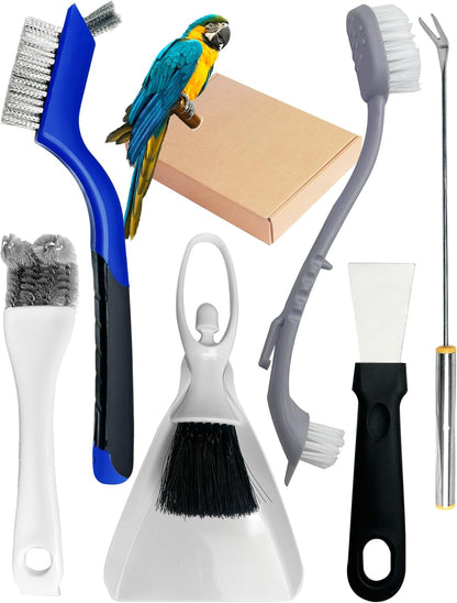 Upgrade 6PCS Cage Cleaner Set,2-in-1 Stainless Steel Pet Cage Brush,Bird Poop Remover,Dual Head Brush,Long Handle Scraper,Small Animals House Cleaning Accessories,Mini Dustpan and Broom Set (6PCS-1)