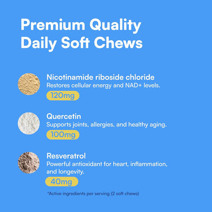 NAD+ Precursor & Senior Dog Supplement - 90 Soft Chews & Vitamins - NMN Alternative for Longevity, Anti-Aging & Energy - Nicotinamide Riboside, Resveratrol, Quercetin, Made with Pasture-Raised Chicken