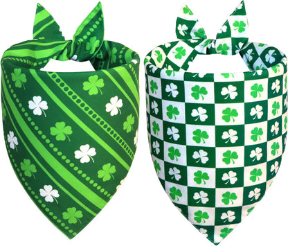 St. Patrick’s Day Bandanas 2-Pack - Reversible Leprechaun Hats Shamrock Scarf for Medium to Large Dogs, Green & White Costume Accessories for Irish Gift