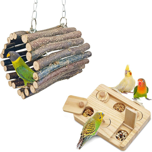 BNOSDM Wooden Bird Tunnel Parrot Swing Toys Natural Hanging Nest and Wooden Bird Foraging Toys with Enrichment Puzzle for Small and Medium Parrots, Parakeets, Cockatiels, Sun Conures