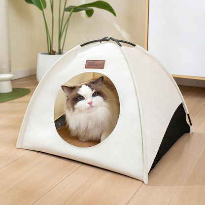 All-Season Cat Tent for Indoor/Outdoor, Assembly-Free Waterproof Cat House Bed with Removable Cushion, Cozy Cave for Cats & Small Dogs (Small, White)